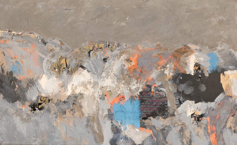 Collage Landscape 4 is an original collage with oil painting collage measuring 14 × 22.5 inches, completed in 1964 by American Expressionist Landscape painter Bud Holman.