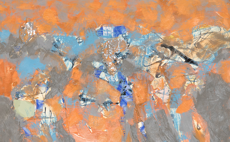 Acoma Landscape  is an original collage with oil painting collage measuring 14 × 22.5 inches, completed in 1964 by American Expressionist Landscape painter Bud Holman.
