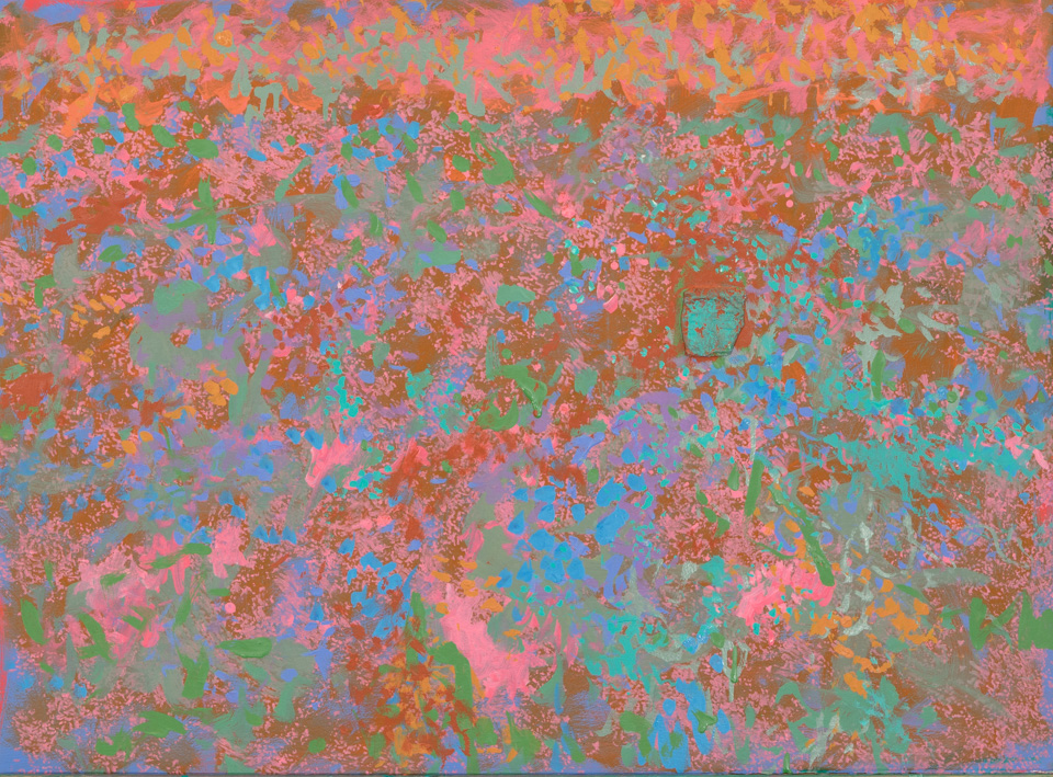 Desert Near San Xavier is an original collage with oil painting collage measuring 22 × 30 inches, completed in 2012 by American Expressionist Landscape painter Bud Holman.