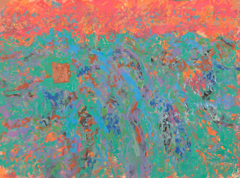 Desert Near San Xavier #2 is an original collage with oil painting collage measuring 22 × 30 inches, completed in 2012 by American Expressionist Landscape painter Bud Holman.