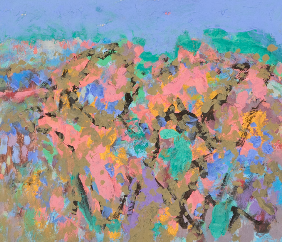Morocco #49 is an original oil on masonite painting measuring 11 × 13 inches, completed in 2002 by American Expressionist Landscape painter Bud Holman.