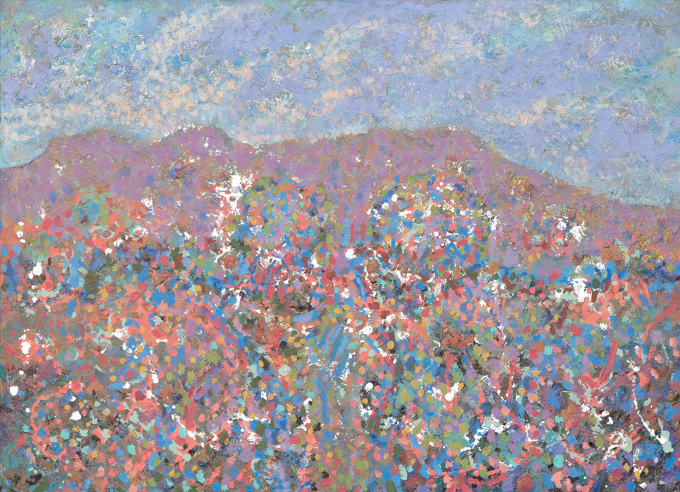 Desert Mountains is an original oil on canvas painting measuring 22 × 30 inches, completed in 1990 by American Expressionist Landscape painter Bud Holman.