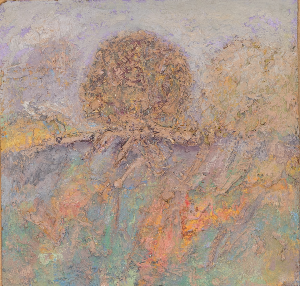 Santa Fe #3 is an original oil on masonite painting measuring 12.5 × 12.75 inches, completed in 1979 by American Expressionist Landscape painter Bud Holman.