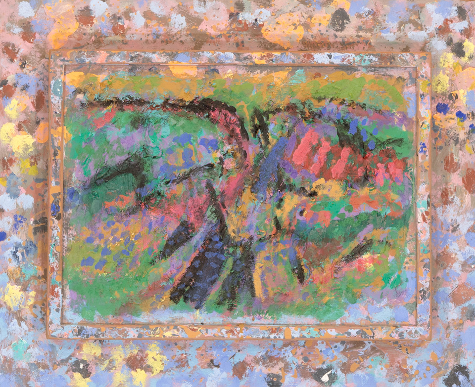 Santa Fe Landscape  is an original oil on masonite painting measuring 18.5 × 22.5 inches, completed in 1978 by American Expressionist Landscape painter Bud Holman.