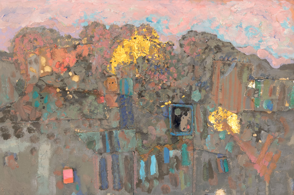 Mahjong is an original oil on canvas painting measuring 16 × 24 inches, completed in 1982 by American Expressionist Landscape painter Bud Holman.