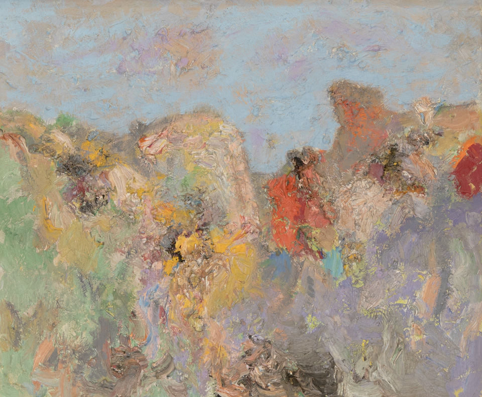 East Hampton is an original oil on canvas painting measuring 18 × 22 inches, completed in 1970 by American Expressionist Landscape painter Bud Holman.