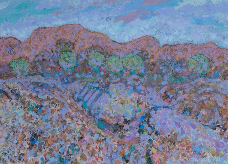 AZ Desert is an original oil on canvas painting measuring 22 × 30 inches, completed in 1984 by American Expressionist Landscape painter Bud Holman.