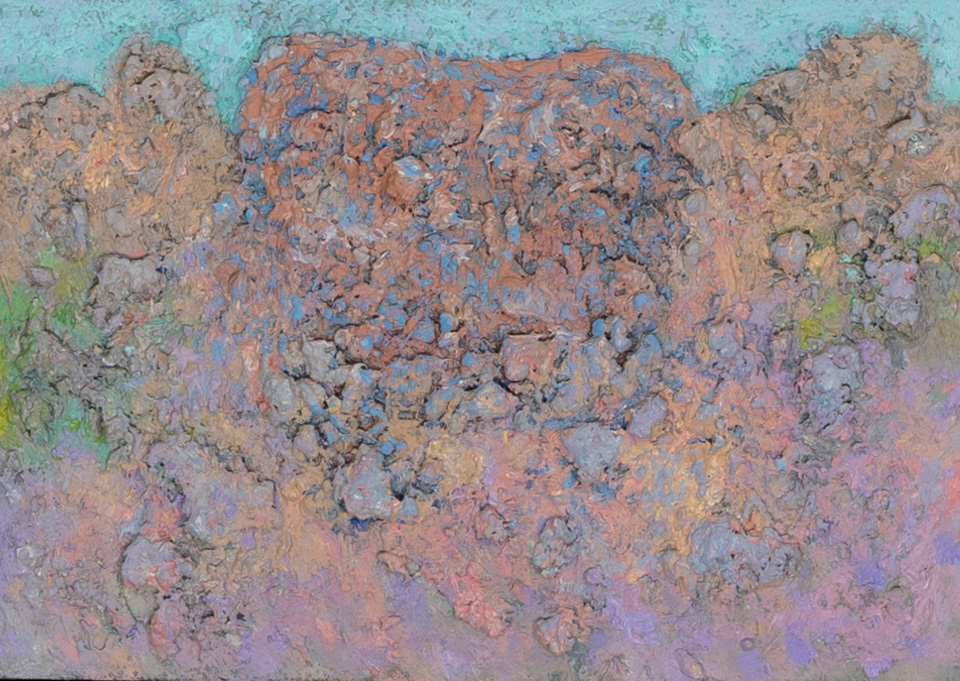 New Mexico Landscape #4 is an original oil on board painting measuring 10 × 14 inches, completed in 1980 by American Expressionist Landscape painter Bud Holman.