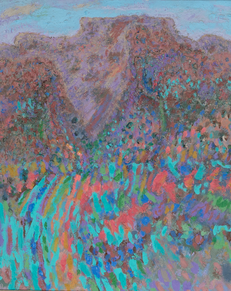 Catalina Spring #6 is an original oil on masonite painting measuring 21.75 × 18 inches, completed in 1986 by American Expressionist Landscape painter Bud Holman.