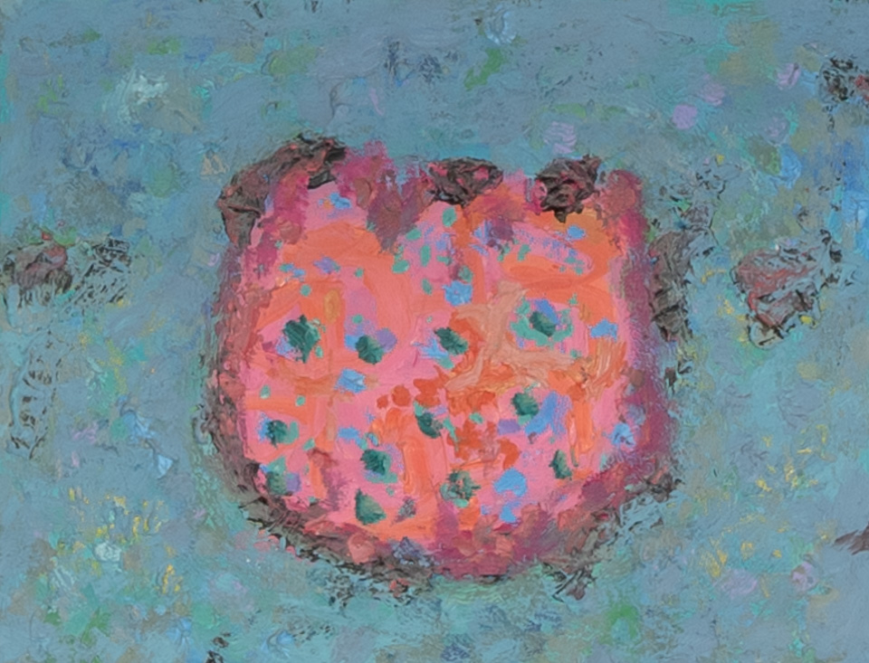 Mud Pie #118 is an original oil on masonite painting measuring 8 × 10 inches, completed in 1979 by American Expressionist Landscape painter Bud Holman.