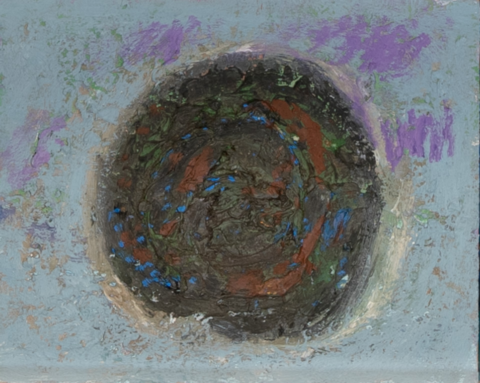 Mud Pie #124 is an original oil on board painting measuring 8.5 × 10 inches, completed in 1979 by American Expressionist Landscape painter Bud Holman.