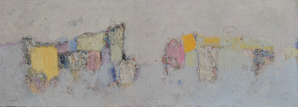 Sagaponack #22 is an original oil on board painting measuring 12 × 32.75 inches, completed in 1958 by American Expressionist Landscape painter Bud Holman.