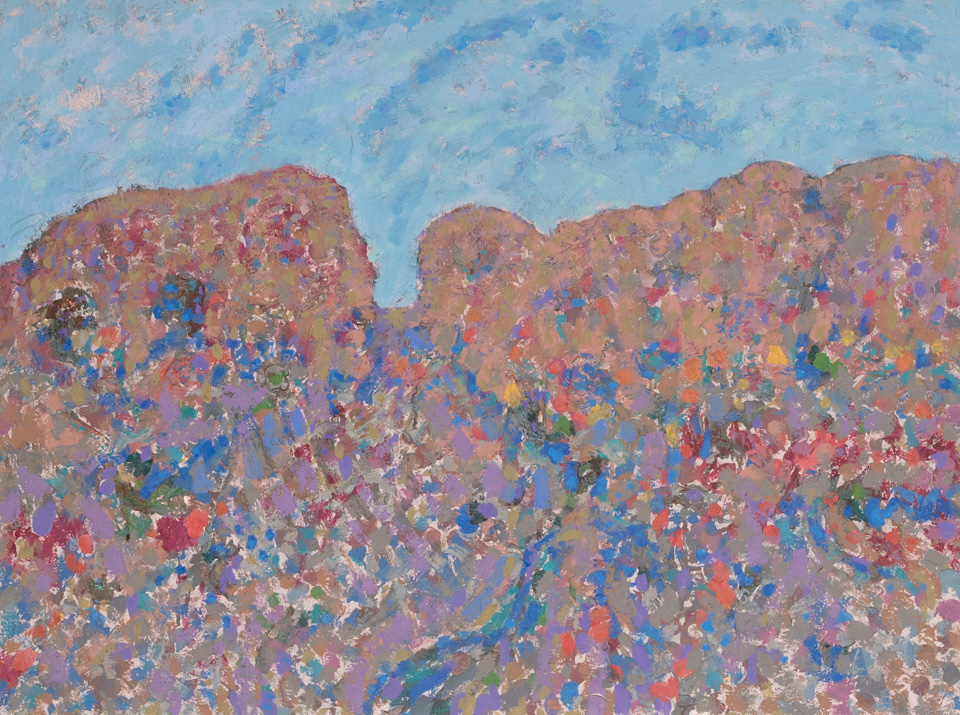 Santa Fe #4 is an original oil on masonite painting measuring 24 × 32 inches, completed in 1979 by American Expressionist Landscape painter Bud Holman.