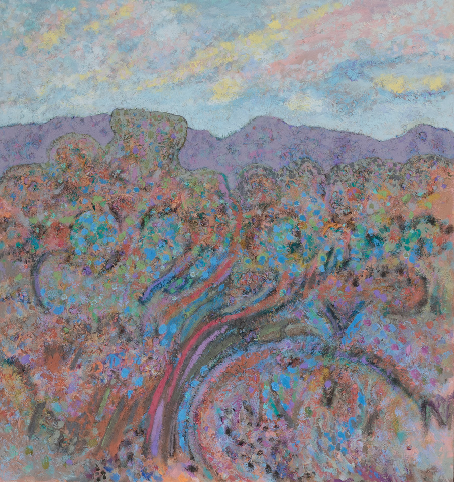 Santa Fe #6 is an original oil on canvas painting measuring 24 × 30 inches, completed in 1978 by American Expressionist Landscape painter Bud Holman.