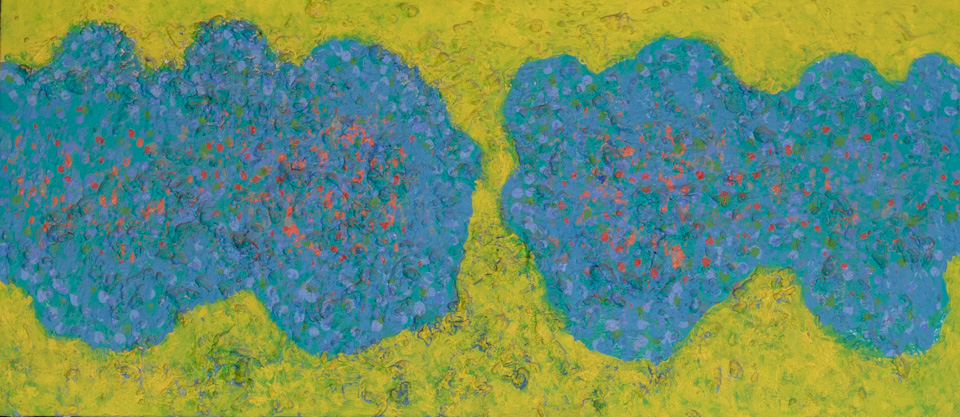 Berber is an original oil on canvas painting measuring 15.75 × 34.5 inches, completed in 1970 by American Expressionist Landscape painter Bud Holman.