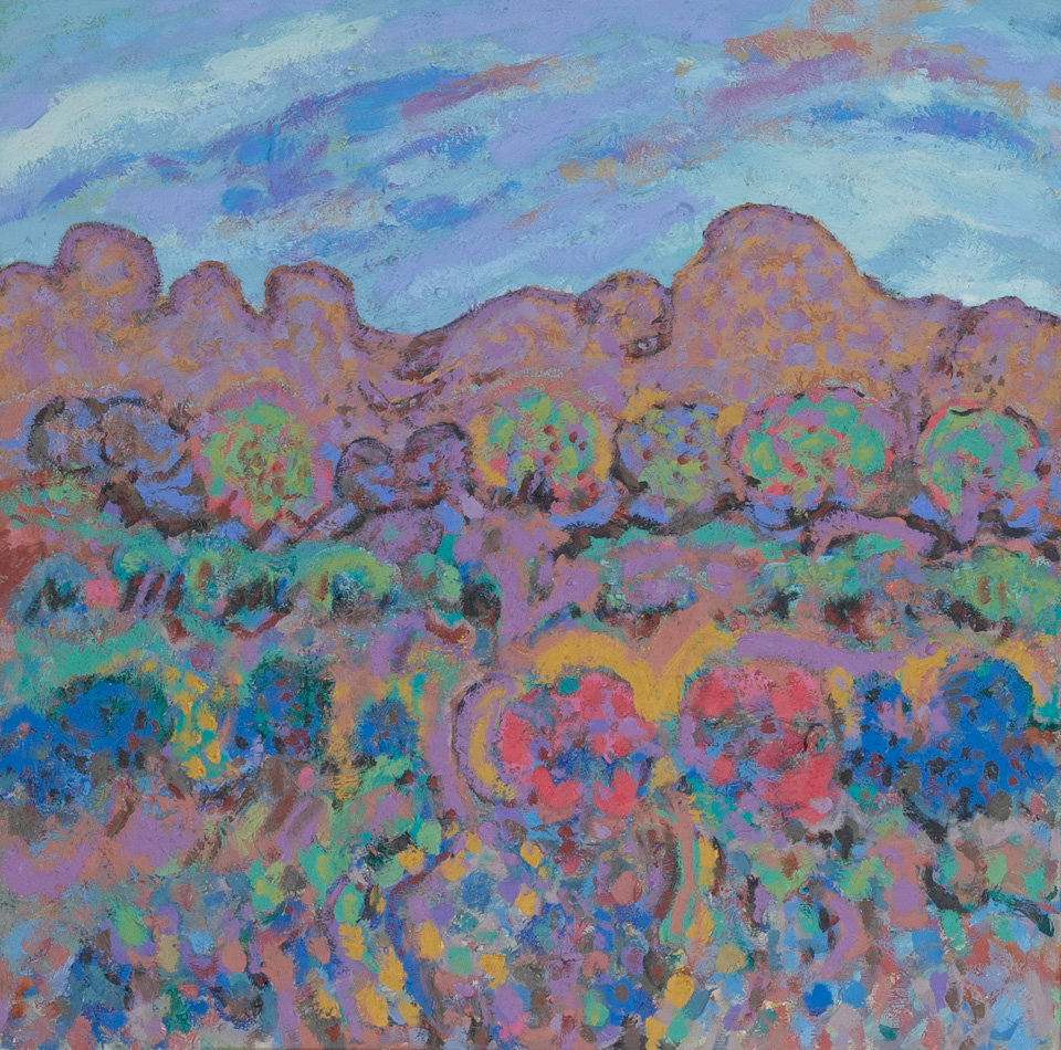 Texas Canyon is an original oil on canvas painting measuring 24 × 24 inches, completed in 2000 by American Expressionist Landscape painter Bud Holman.