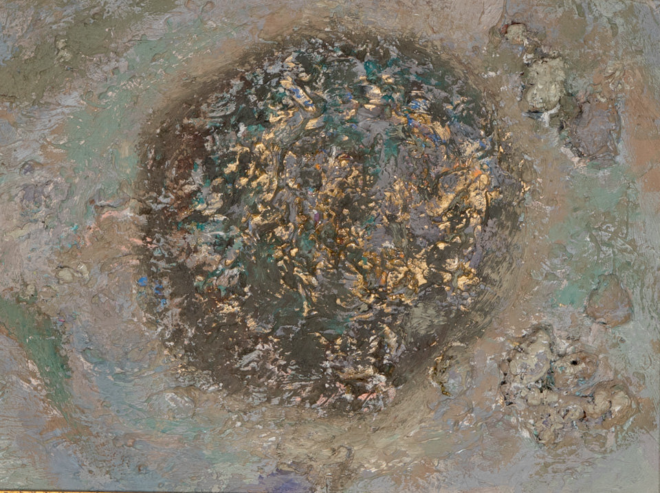 Mud Pie #133 is an original oil on canvas painting measuring 12 × 16 inches, completed in 1977 by American Expressionist Landscape painter Bud Holman.