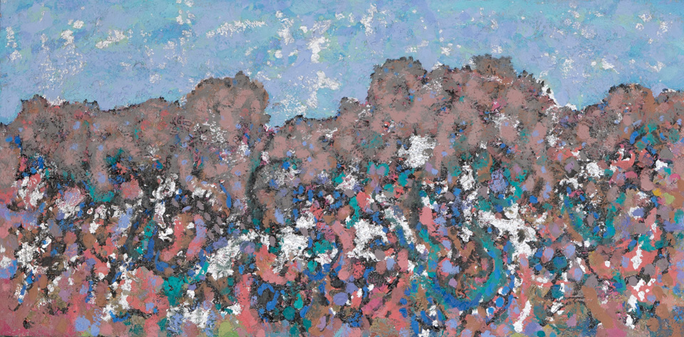 Tucson #32 is an original oil on canvas painting measuring 16 × 32 inches, completed in 1988 by American Expressionist Landscape painter Bud Holman.