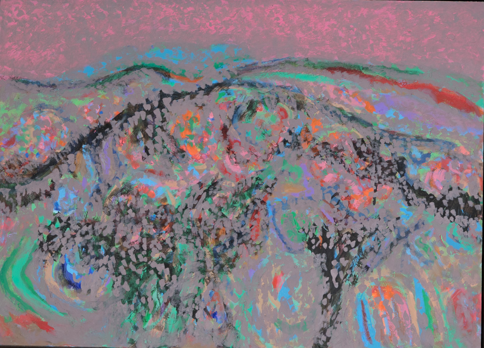 Morocco #55 is an original oil on masonite painting measuring 20.5 × 28 inches, completed in 2003 by American Expressionist Landscape painter Bud Holman.