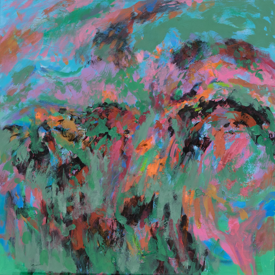 Nogales #255 is an original oil on canvas painting measuring 18 × 18 inches, completed in 2005 by American Expressionist Landscape painter Bud Holman.