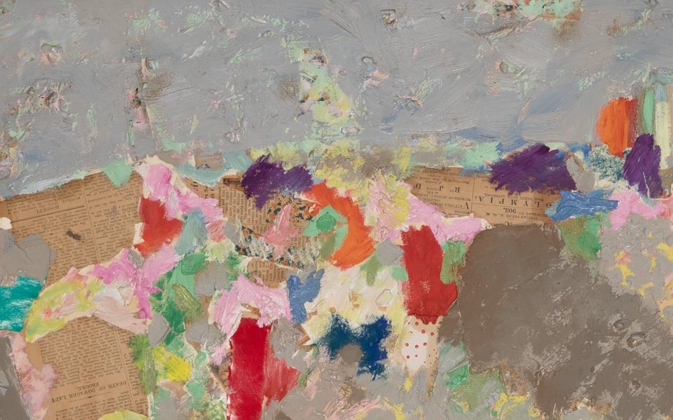 Collage Landscape 1 is an original collage with oil painting collage measuring 14 × 22.5 inches, completed in 1964 by American Expressionist Landscape painter Bud Holman.