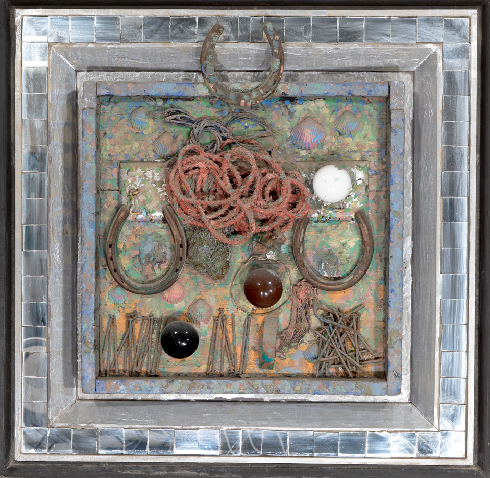 Santa Fe Trail #6 is an original collage with oil painting collage measuring 31 × 31 inches, completed in 1978 by American Expressionist Landscape painter Bud Holman.