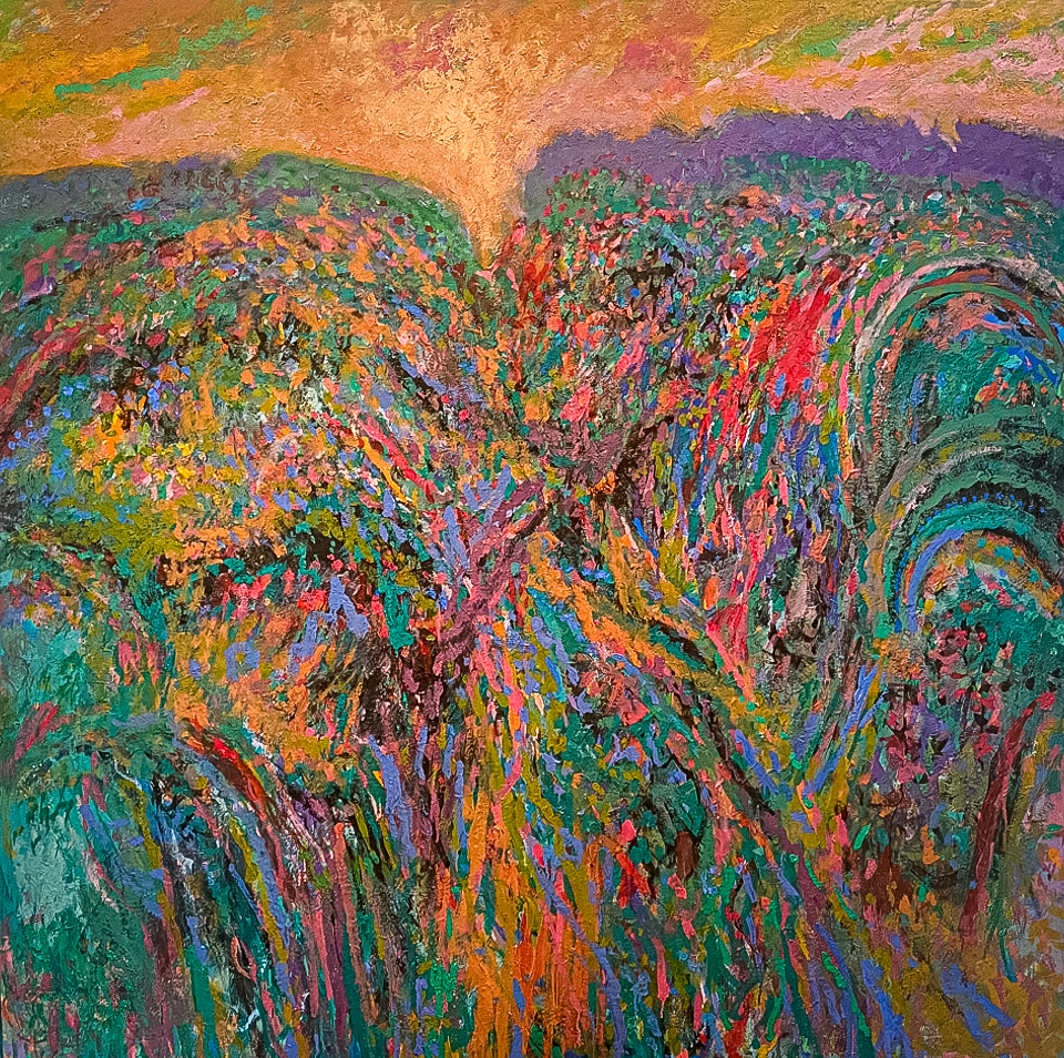 High Atlas is an original oil on canvas painting measuring 60 × 80 inches, completed in 2022 by American Expressionist Landscape painter Bud Holman.