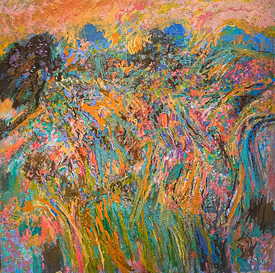 High Atlas 5 is an original oil on canvas painting measuring 61.5 × 61.5 inches, completed in 2022 by American Expressionist Landscape painter Bud Holman.