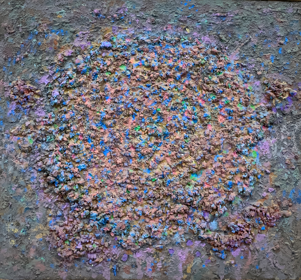 Rio Grand Stone is an original oil on masonite painting measuring 19 × 25 inches, completed in 1975 by American Expressionist Landscape painter Bud Holman.