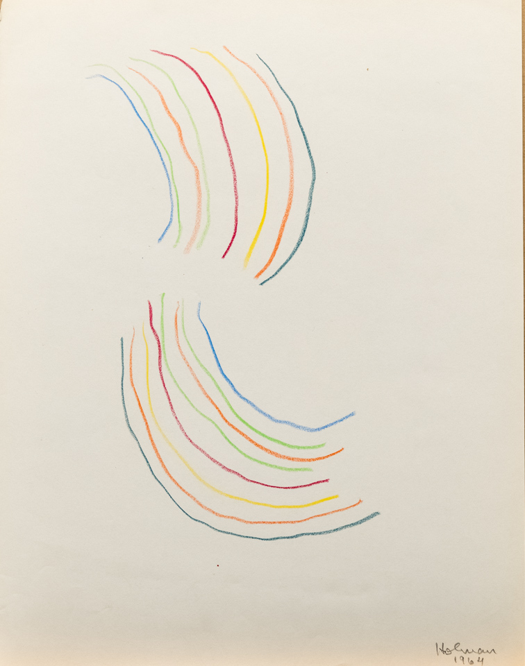 unnamed is an original crayon drawing measuring 13.5 × 10.75 inches, completed in 1964 by American Expressionist Landscape painter Bud Holman.