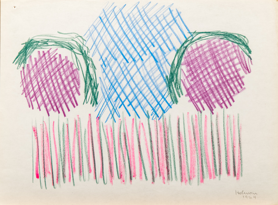 unnamed is an original crayon drawing measuring 10.75 × 13.5 inches, completed in 1964 by American Expressionist Landscape painter Bud Holman.