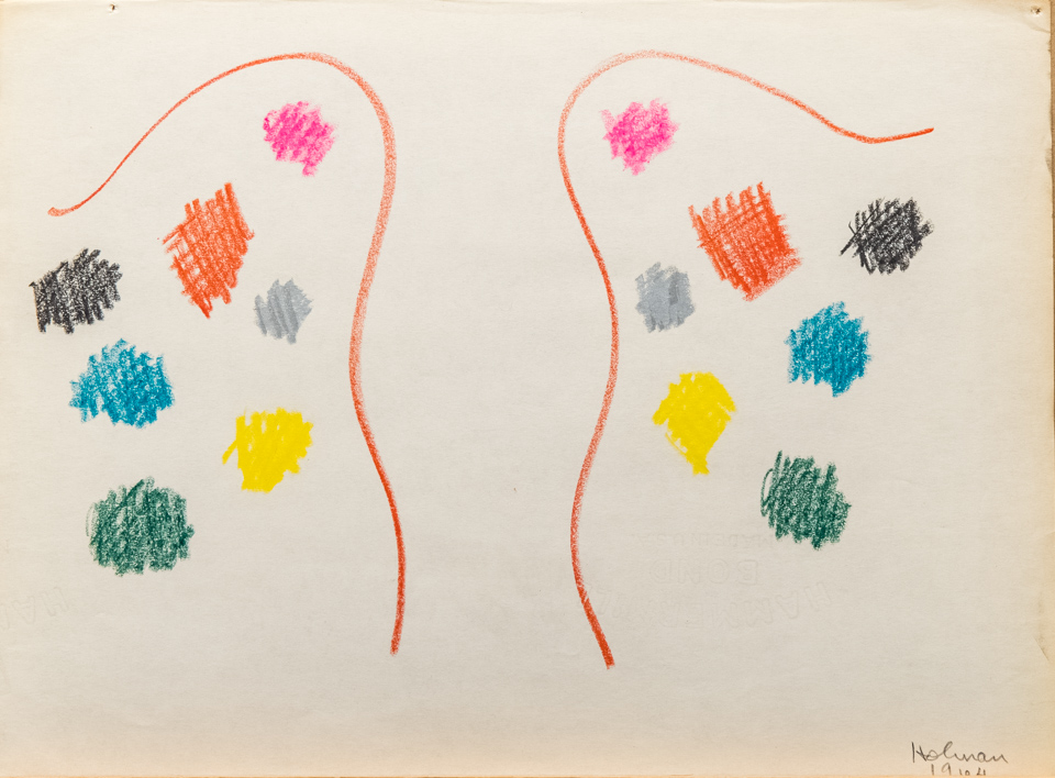 unnamed is an original crayon drawing measuring 10.75 × 13.5 inches, completed in 1964 by American Expressionist Landscape painter Bud Holman.