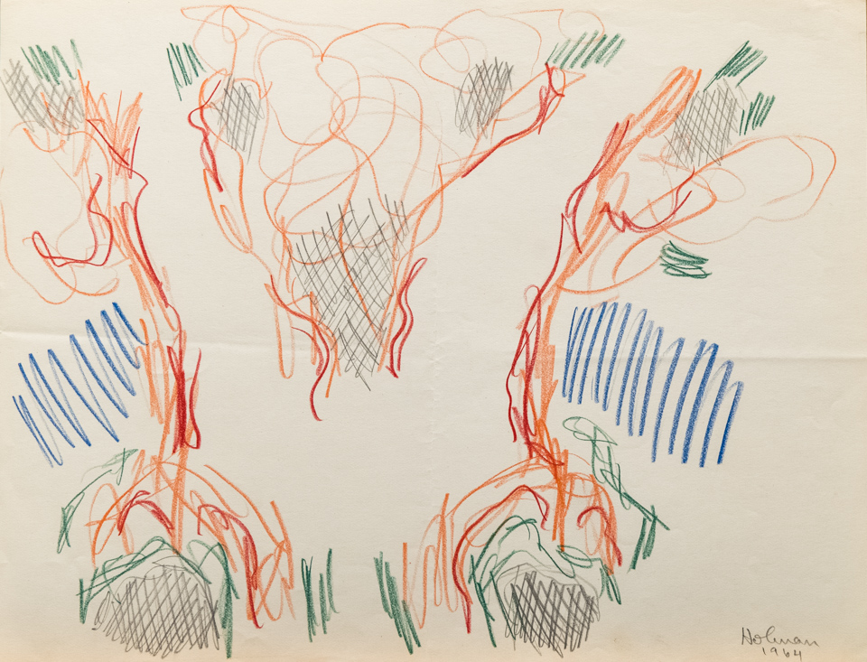 unnamed is an original crayon drawing measuring 10.75 × 13.5 inches, completed in 1964 by American Expressionist Landscape painter Bud Holman.