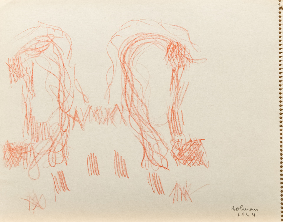 unnamed is an original crayon drawing measuring 11 × 15.5 inches, completed in 1964 by American Expressionist Landscape painter Bud Holman.