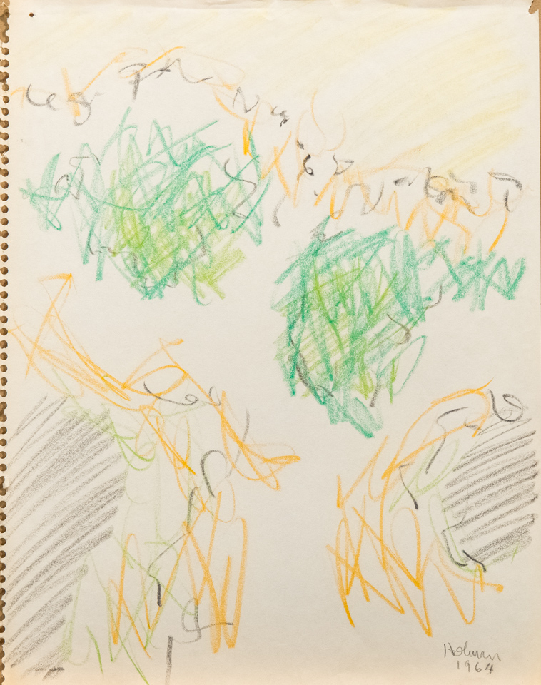 unnamed is an original crayon drawing measuring 15.5 × 11 inches, completed in 1964 by American Expressionist Landscape painter Bud Holman.