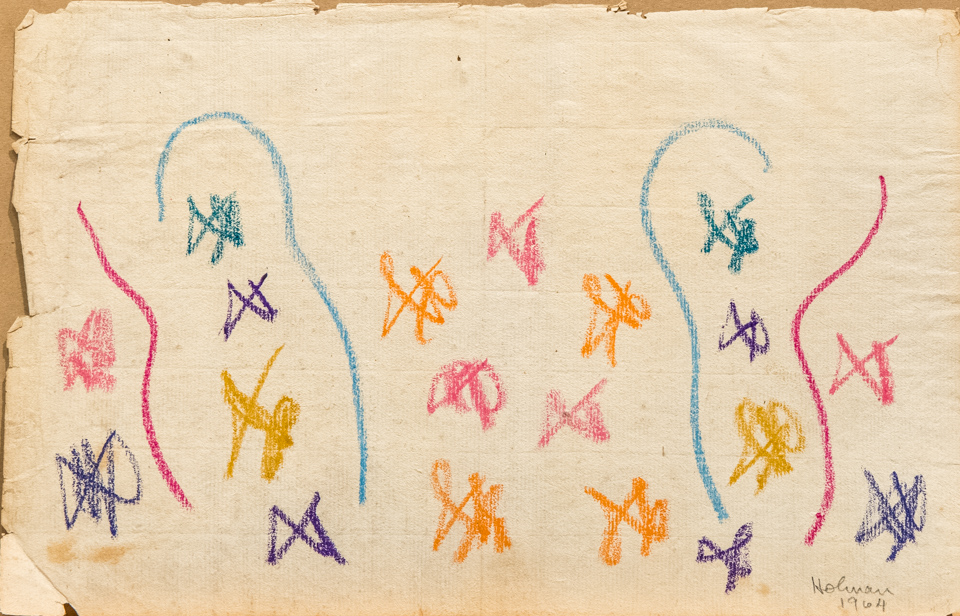 unnamed is an original crayon drawing measuring 8 × 13 inches, completed in 1964 by American Expressionist Landscape painter Bud Holman.