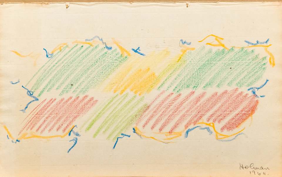 unnamed is an original crayon drawing measuring 8 × 13 inches, completed in 1964 by American Expressionist Landscape painter Bud Holman.