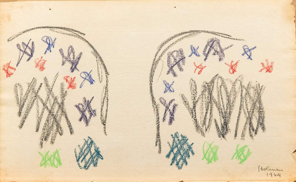 unnamed is an original crayon drawing measuring 8 × 13 inches, completed in 1964 by American Expressionist Landscape painter Bud Holman.