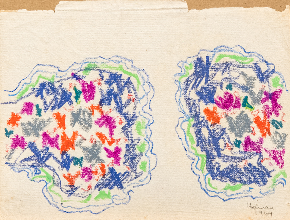 unnamed is an original crayon drawing measuring 7 × 9.75 inches, completed in 1964 by American Expressionist Landscape painter Bud Holman.