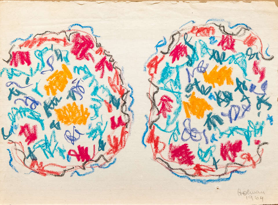 unnamed is an original crayon drawing measuring 7 × 9.5 inches, completed in 1964 by American Expressionist Landscape painter Bud Holman.