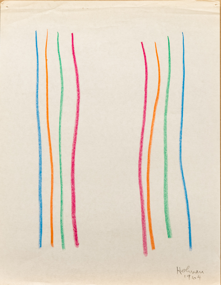 unnamed is an original crayon drawing measuring 11 × 8.5 inches, completed in 1964 by American Expressionist Landscape painter Bud Holman.