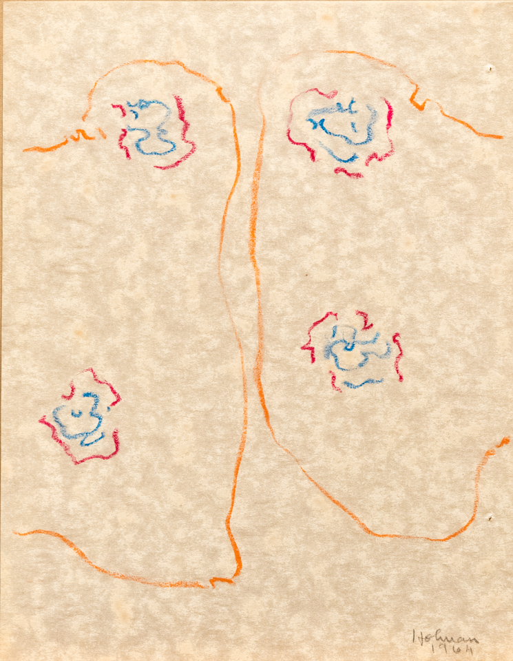 unnamed is an original crayon drawing measuring 11 × 8.5 inches, completed in 1964 by American Expressionist Landscape painter Bud Holman.