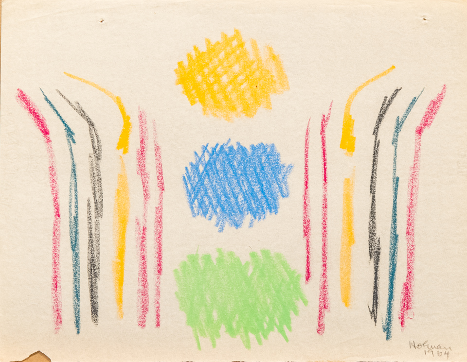unnamed is an original crayon drawing measuring 8.5 × 11 inches, completed in 1964 by American Expressionist Landscape painter Bud Holman.