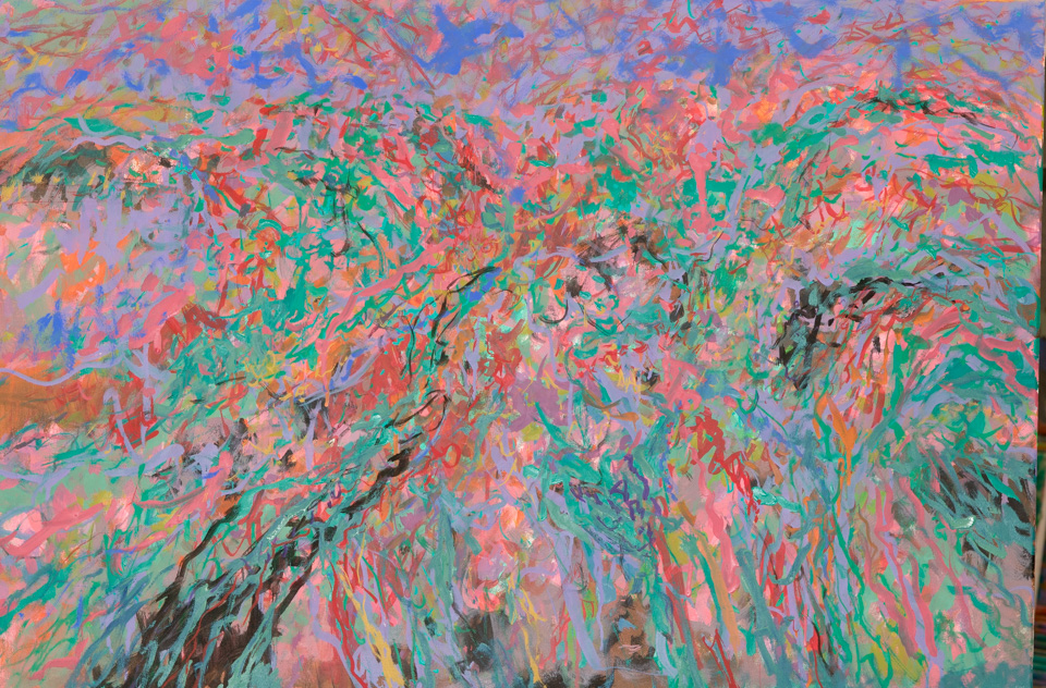 Tumacacori Road #7 is an original oil on canvas painting measuring 24 × 36 inches, completed in 2011 by American Expressionist Landscape painter Bud Holman.