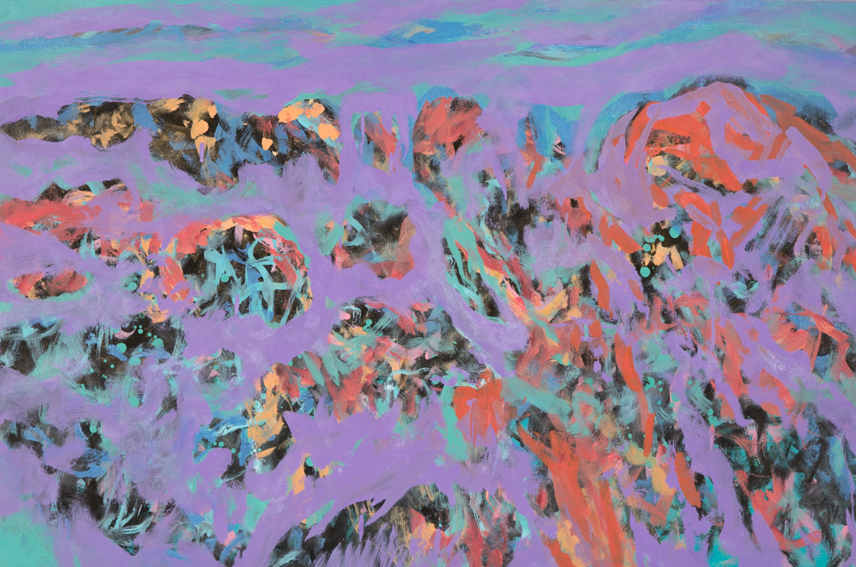 Turkey Gulch is an original oil on canvas painting measuring 24 × 36 inches, completed in 2013 by American Expressionist Landscape painter Bud Holman.
