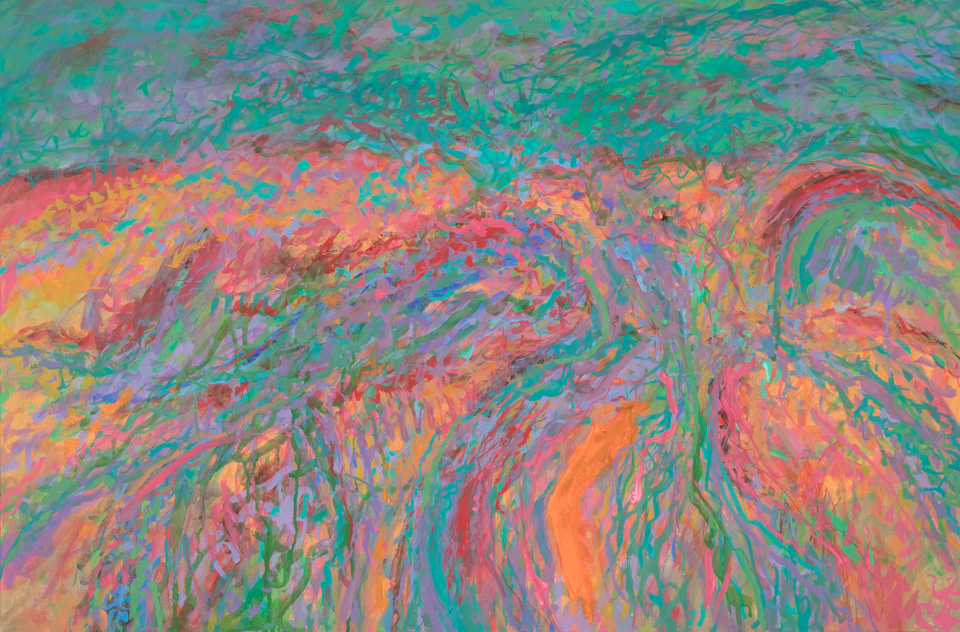 Canyon Road S.F. #4 is an original oil on canvas painting measuring 24 × 36 inches, completed in 2017 by American Expressionist Landscape painter Bud Holman.