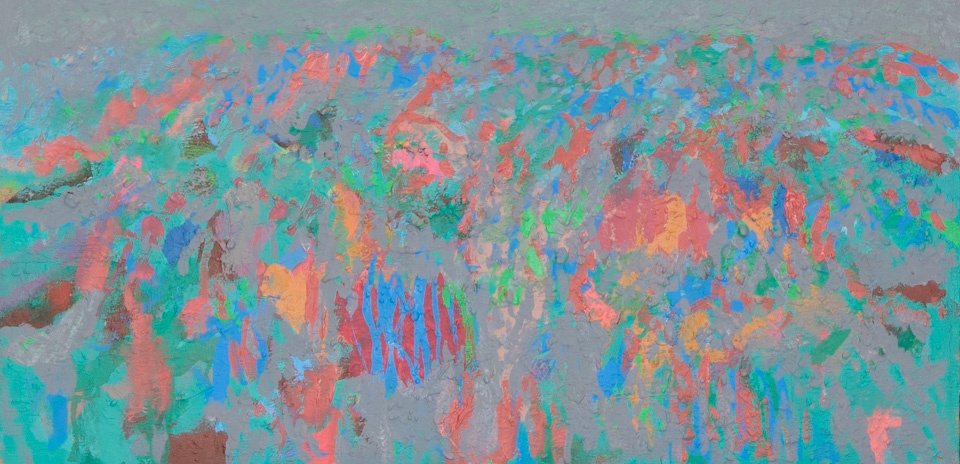 Skyline Country Club #4 is an original oil on canvas painting measuring 12 × 24 inches, completed in 2014 by American Expressionist Landscape painter Bud Holman.