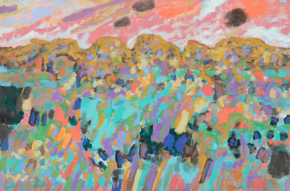 El Canejo Canyon #6 is an original oil on masonite painting measuring 16 × 23.75 inches, completed in 1990 by American Expressionist Landscape painter Bud Holman.