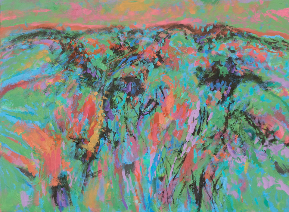 Rancho Santa Cruz #9 is an original oil on canvas painting measuring 18 × 24 inches, completed in 2016 by American Expressionist Landscape painter Bud Holman.