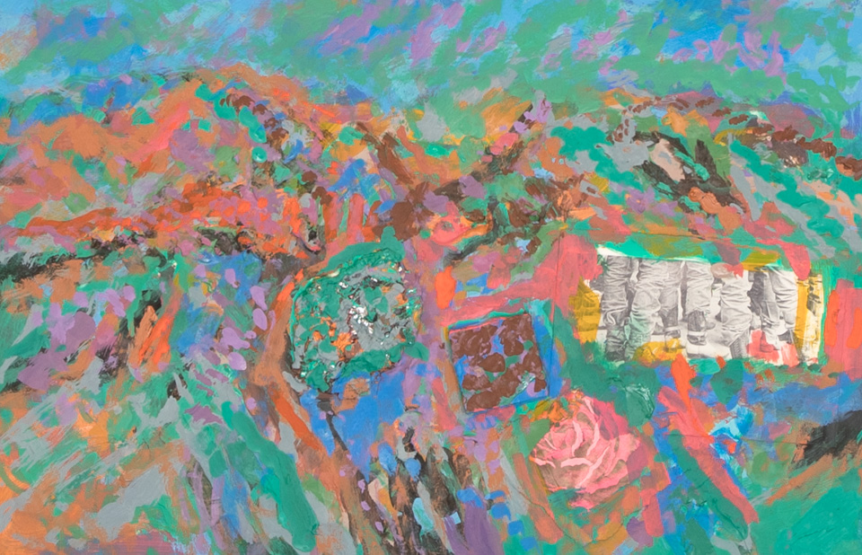 Morocco #34 is an original collage with oil painting collage measuring 10.5 × 16 inches, completed in 2002 by American Expressionist Landscape painter Bud Holman.